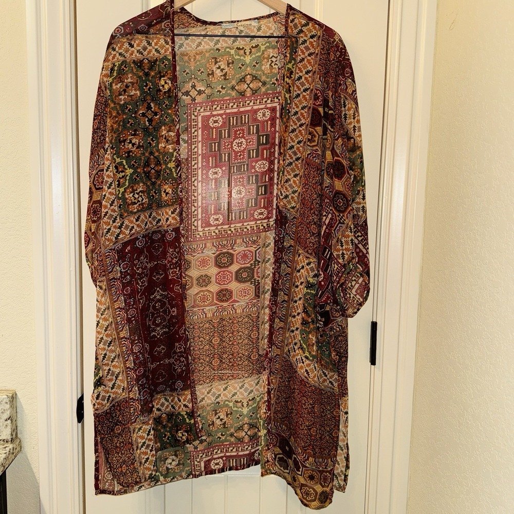 Cecico Boho Patchwork Sheer Kimono Cardigan Womens Large Medallion Cover Up